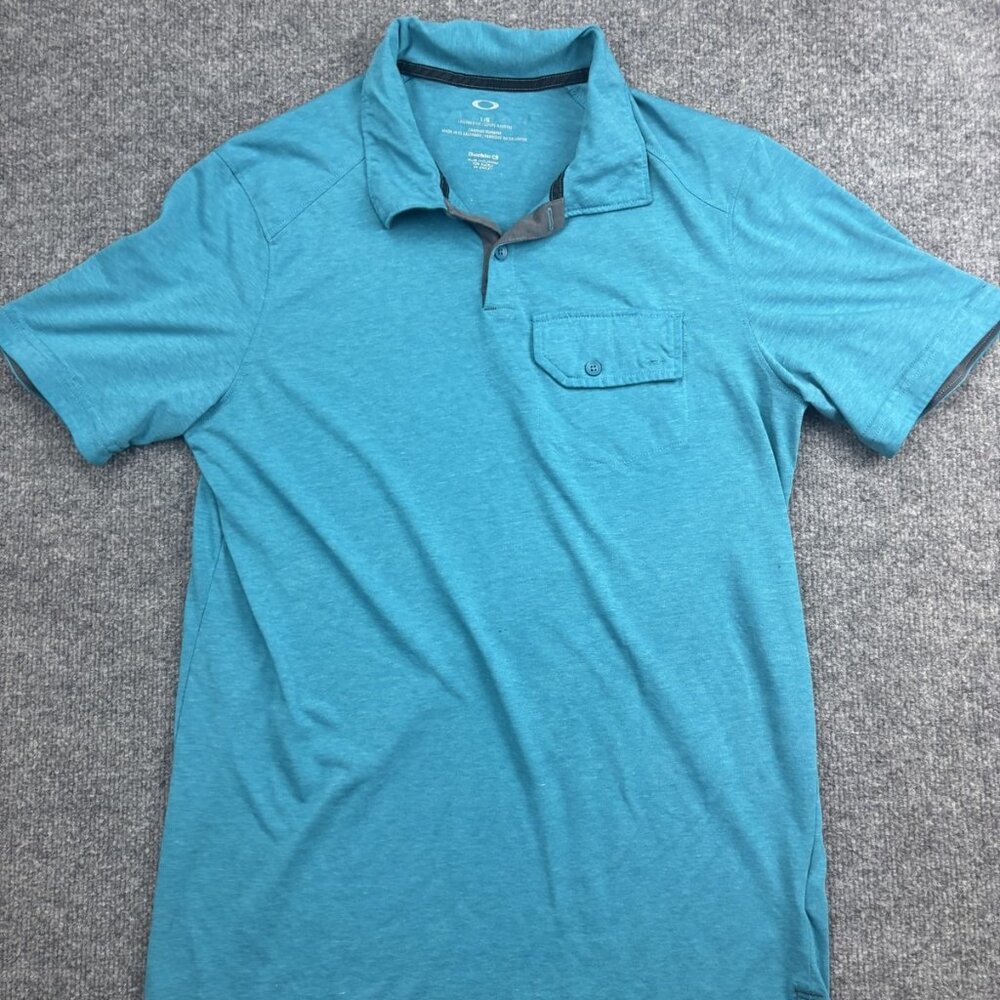 Oakley Polo Shirt‎ Mens Large Teal Blue Tailored Fit Chest Pocket Heather Golf